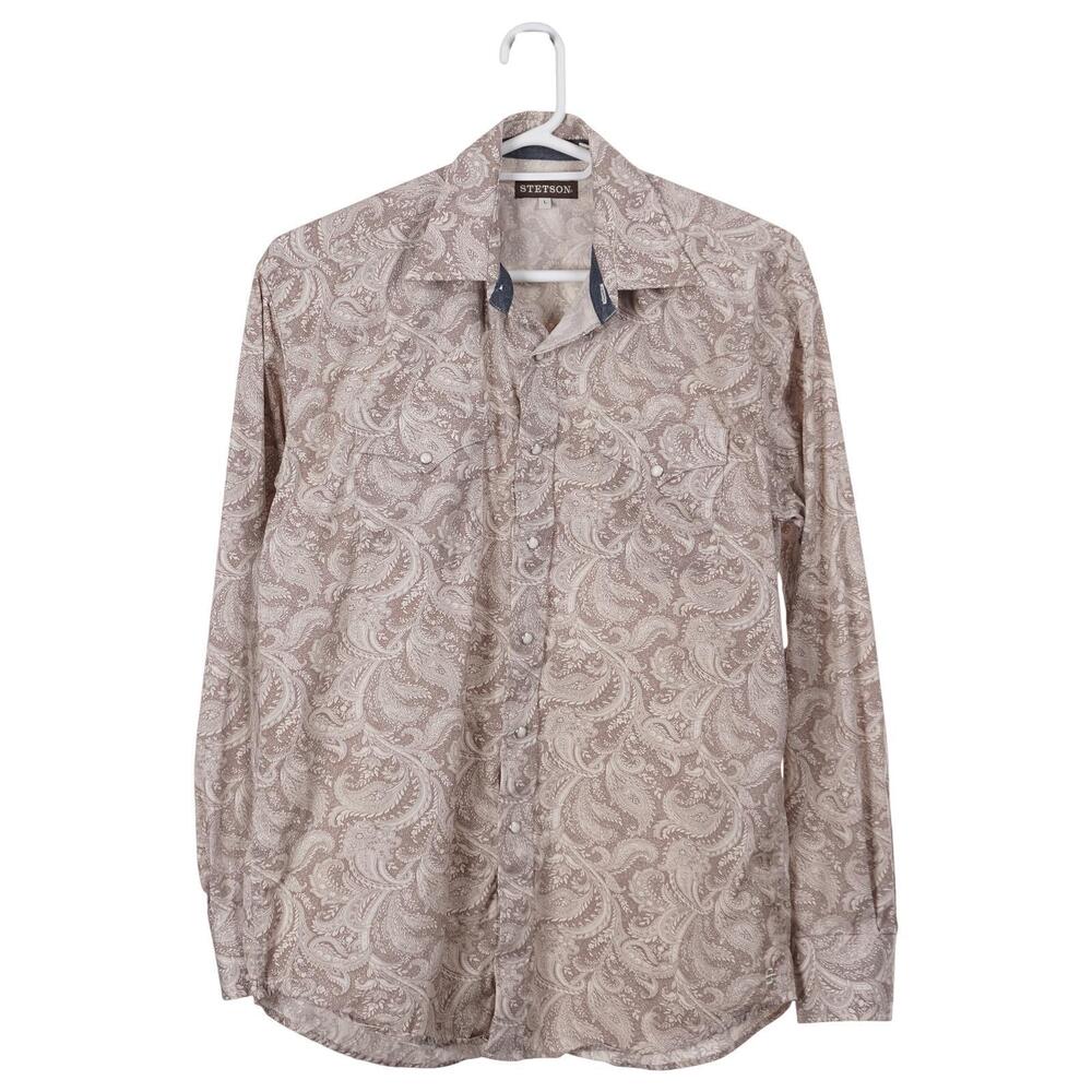 Stetson Shirt Men L Taupe Brown Paisley Pearl Snap Button Long Sleeve Western